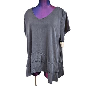 NWT Green Tea Gray Sand‎ Washed Double Ruffle Short Sleeve Top Size XL